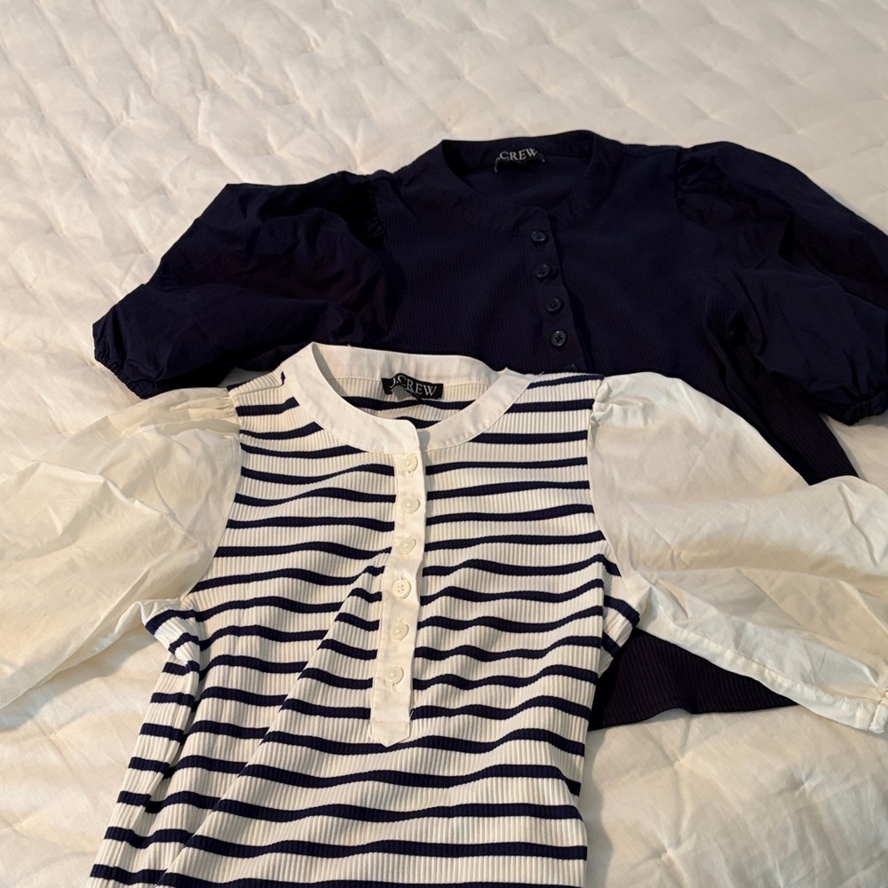 J. Crew Navy and White Striped Button Down t-shirt and navy button down t-shirt.
